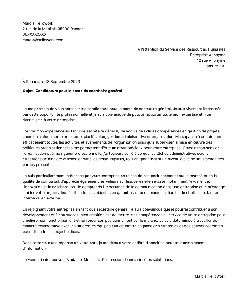 Modèle lettre de motivation Secrétaire général Exemple lettre de motivation Secrétaire général