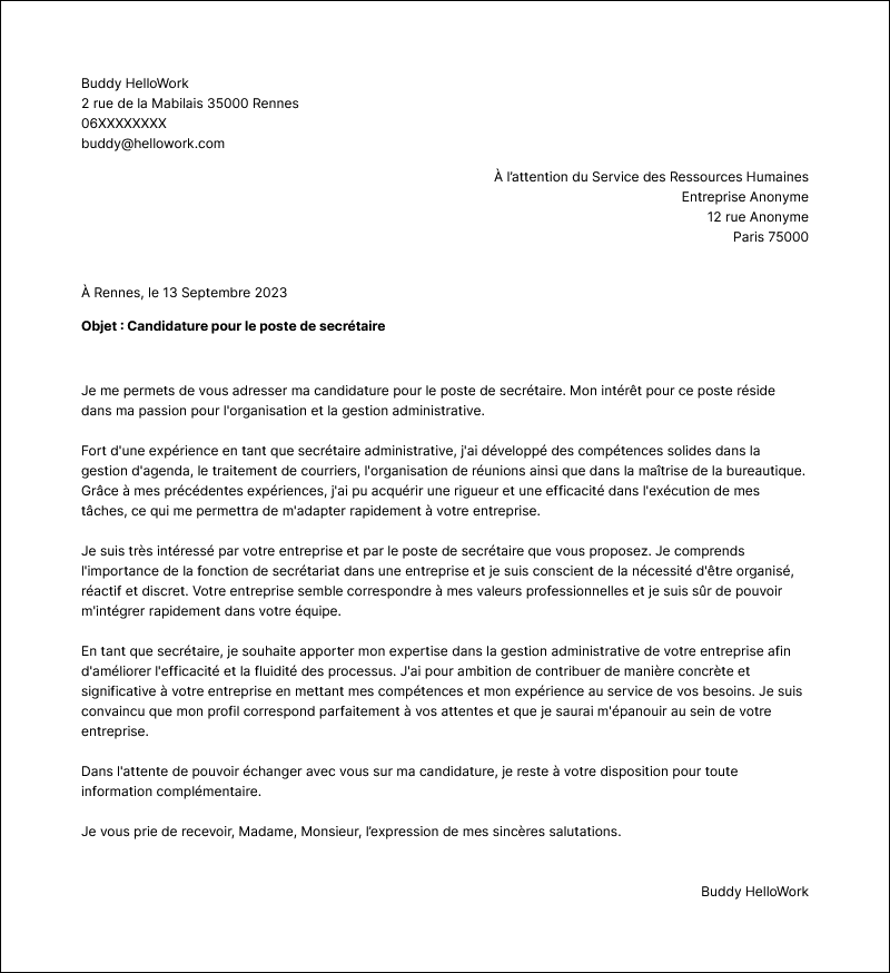 Modèle lettre de motivation Secrétaire Exemple lettre de motivation Secrétaire