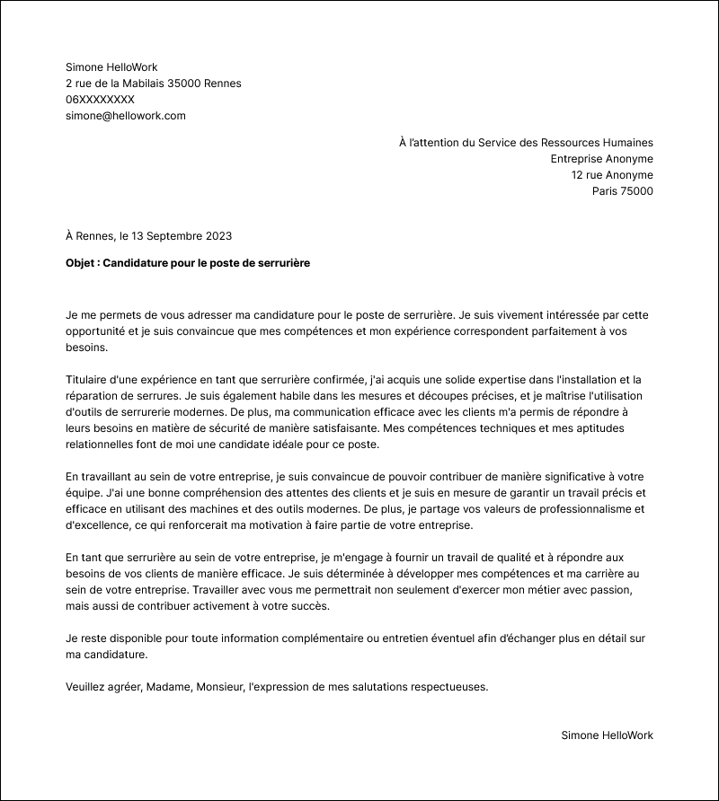Modèle lettre de motivation Serrurier Exemple lettre de motivation Serrurier