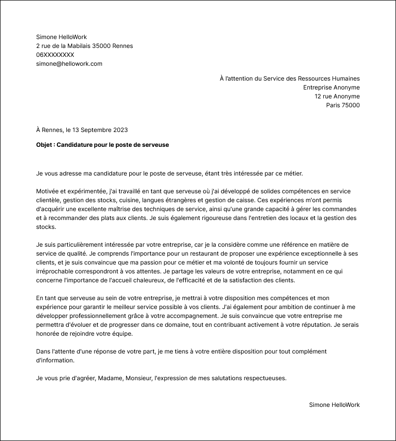 Modèle lettre de motivation Serveur Exemple lettre de motivation Serveur