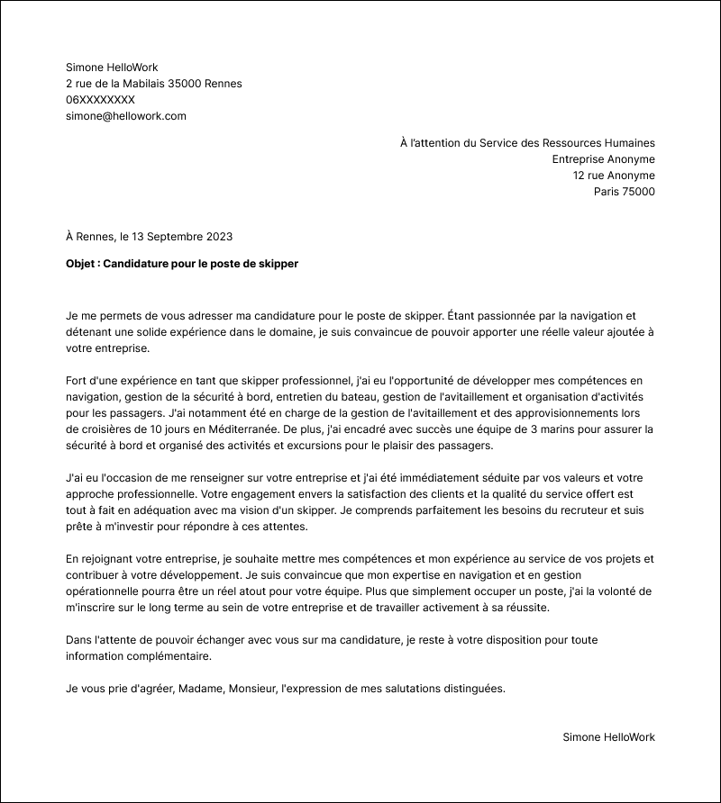 Modèle lettre de motivation Skipper Exemple lettre de motivation Skipper