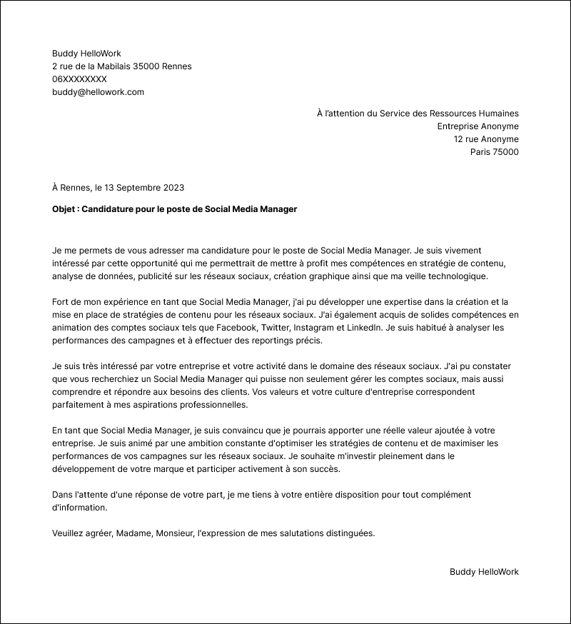 Modèle lettre de motivation Social media manager Exemple lettre de motivation Social media manager