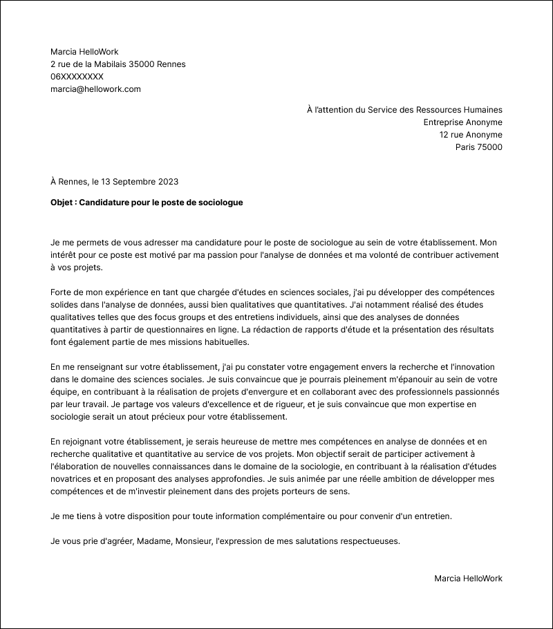 Modèle lettre de motivation Sociologue Exemple lettre de motivation Sociologue