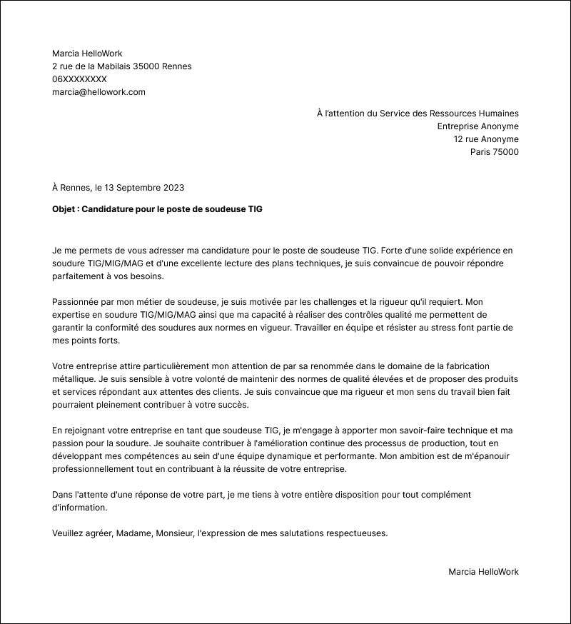 Modèle lettre de motivation Soudeur TIG Exemple lettre de motivation Soudeur TIG