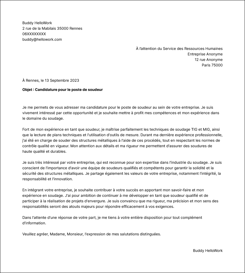 Modèle lettre de motivation Soudeur Exemple lettre de motivation Soudeur
