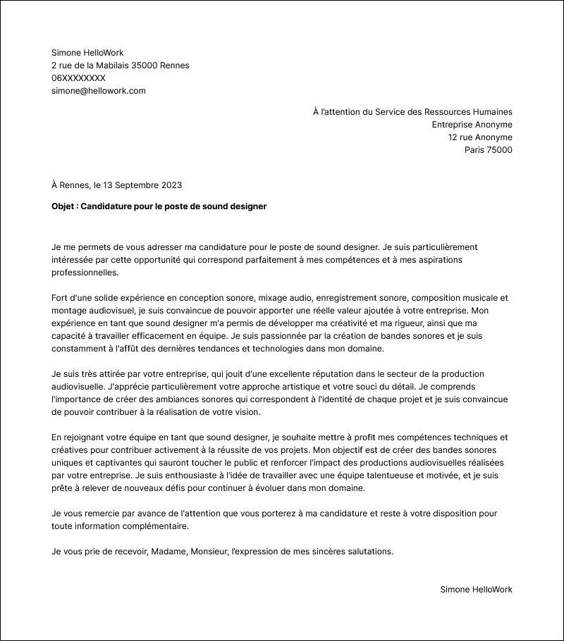 Modèle lettre de motivation Sound designer Exemple lettre de motivation Sound designer