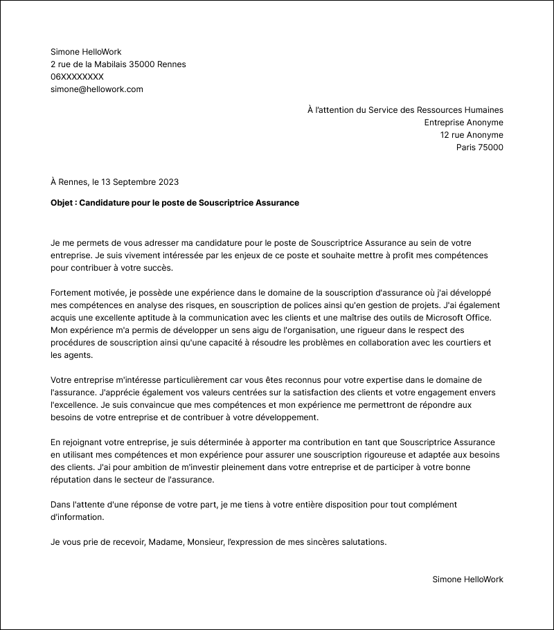 Modèle lettre de motivation Souscripteur assurance Exemple lettre de motivation Souscripteur assurance