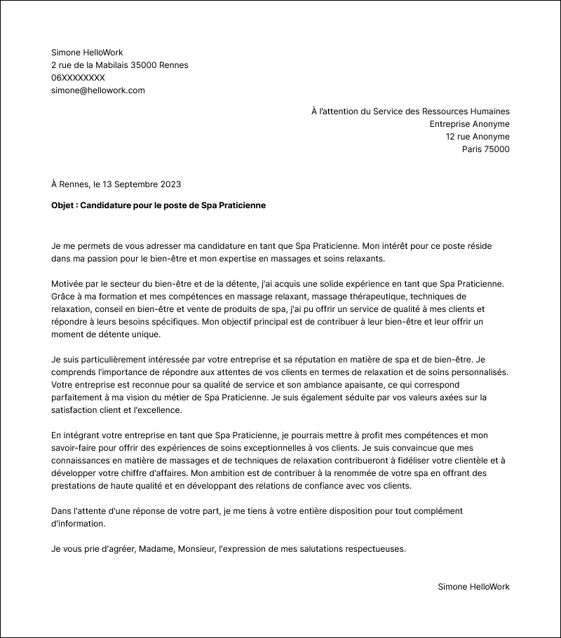 Modèle lettre de motivation SPA praticien Exemple lettre de motivation SPA praticien