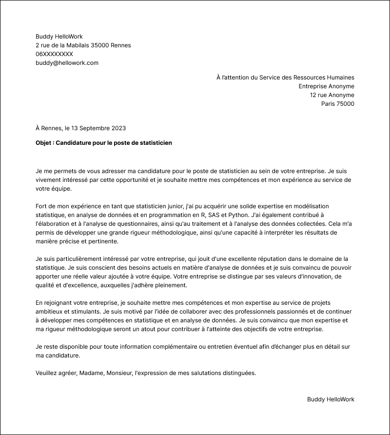 Modèle lettre de motivation Statisticien Exemple lettre de motivation Statisticien