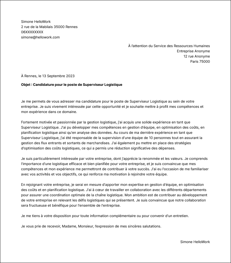 Exemple lettre de motivation Superviseur logistique