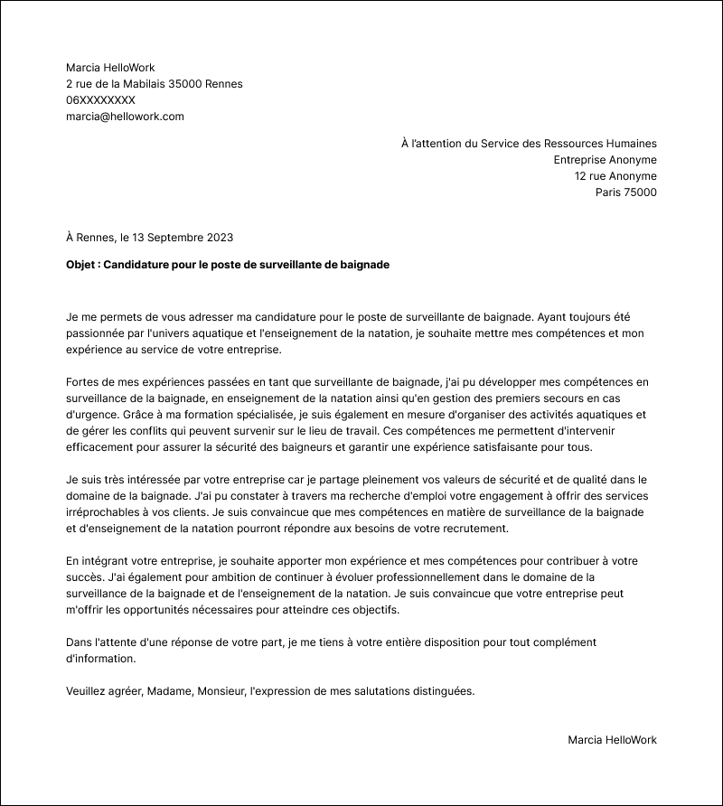 Modèle lettre de motivation Surveillant de baignade Exemple lettre de motivation Surveillant de baignade