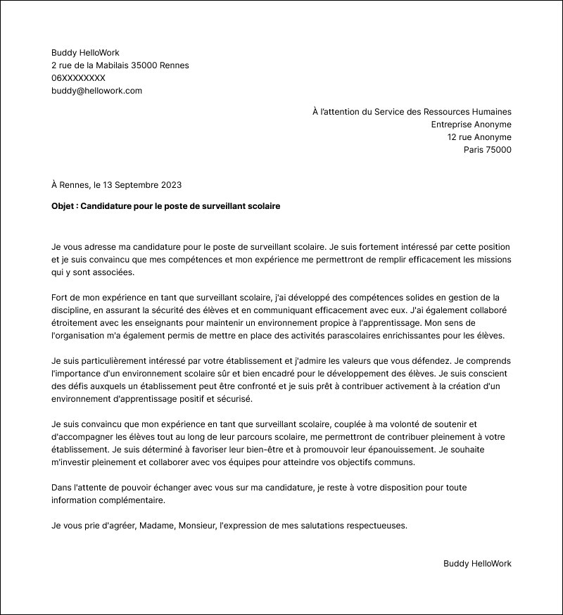 Modèle lettre de motivation Surveillant scolaire Exemple lettre de motivation Surveillant scolaire