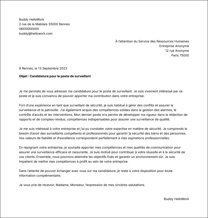 Modèle lettre de motivation Surveillant Exemple lettre de motivation Surveillant