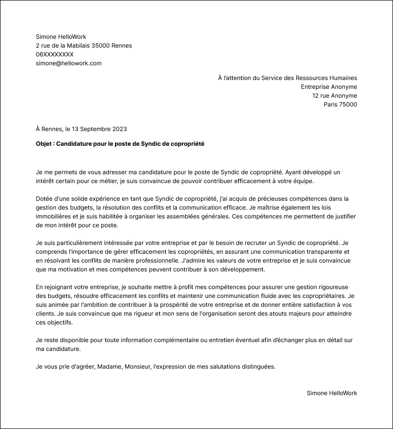 Modèle lettre de motivation Syndic de copropriété Exemple lettre de motivation Syndic de copropriété