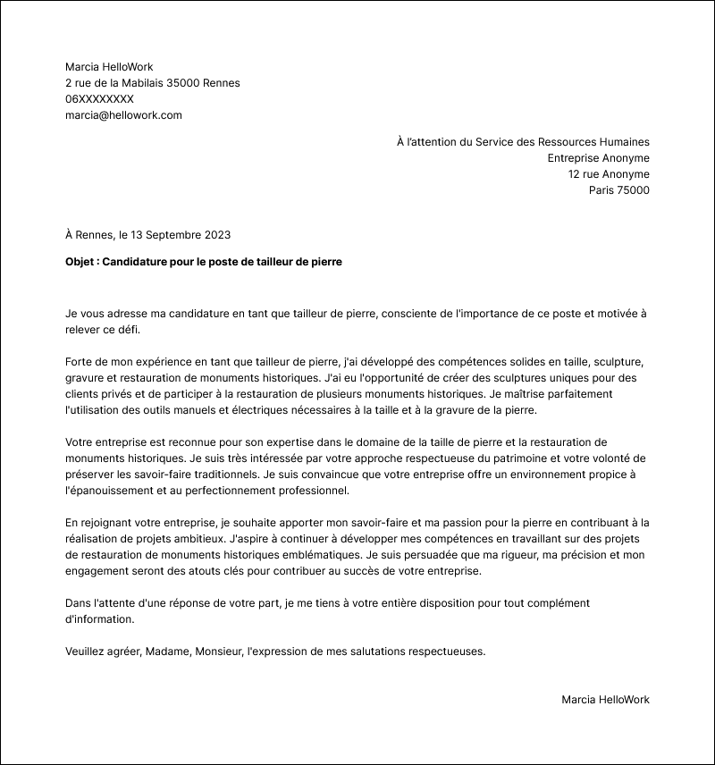 Modèle lettre de motivation Tailleur de pierre Exemple lettre de motivation Tailleur de pierre