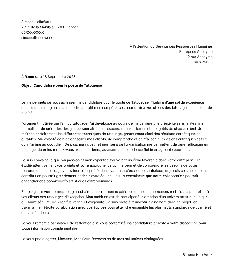Modèle lettre de motivation Tatoueur Exemple lettre de motivation Tatoueur