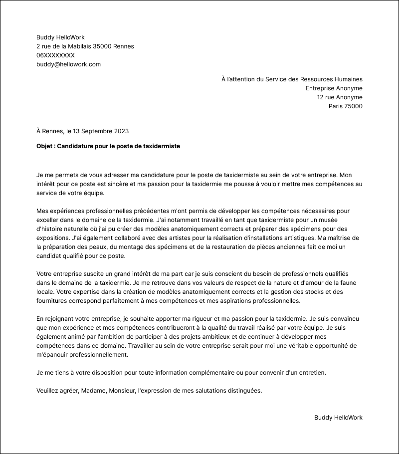 Modèle lettre de motivation Taxidermiste Exemple lettre de motivation Taxidermiste
