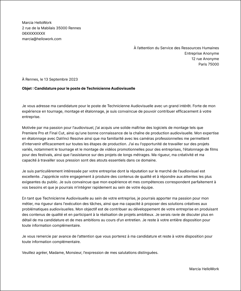 Modèle lettre de motivation Technicien audiovisuel Exemple lettre de motivation Technicien audiovisuel