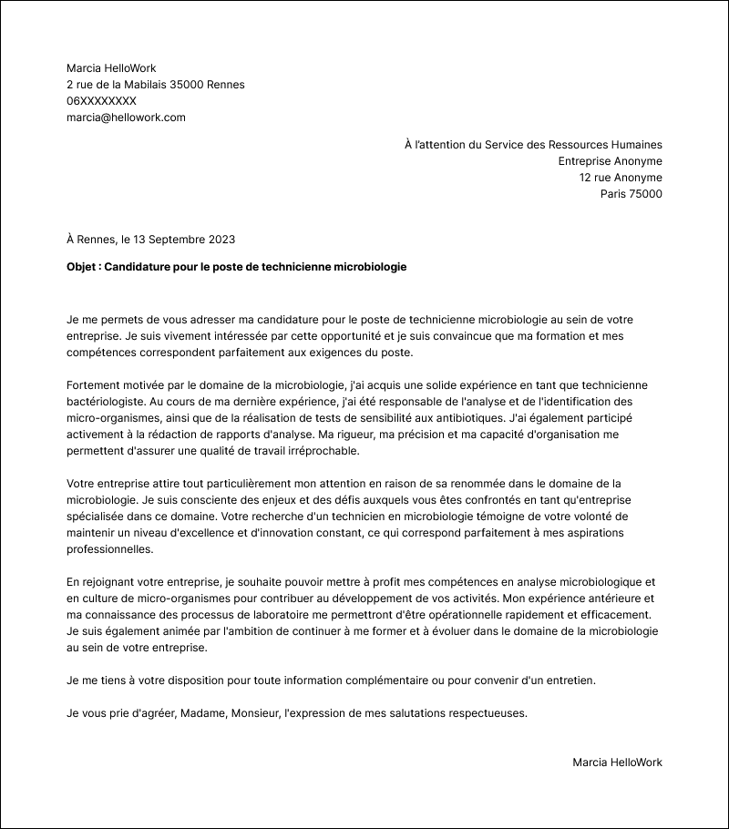 Modèle lettre de motivation Technicien de microbiologie Exemple lettre de motivation Technicien de microbiologie