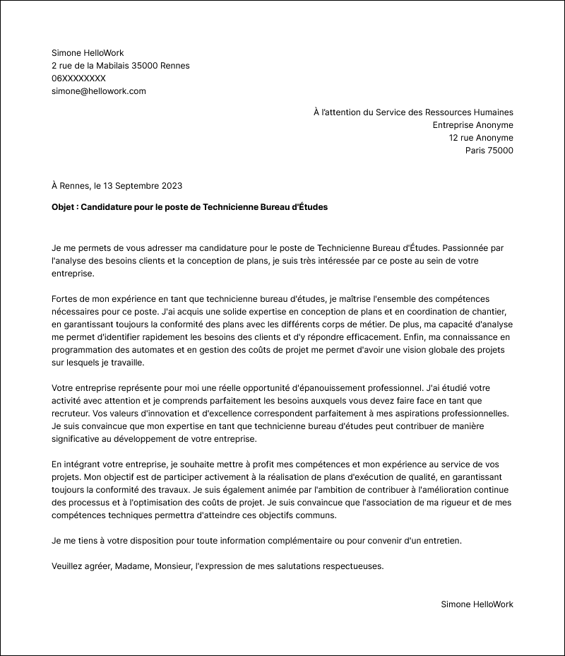 Modèle lettre de motivation Technicien bureau d'étude Exemple lettre de motivation Technicien bureau d'étude