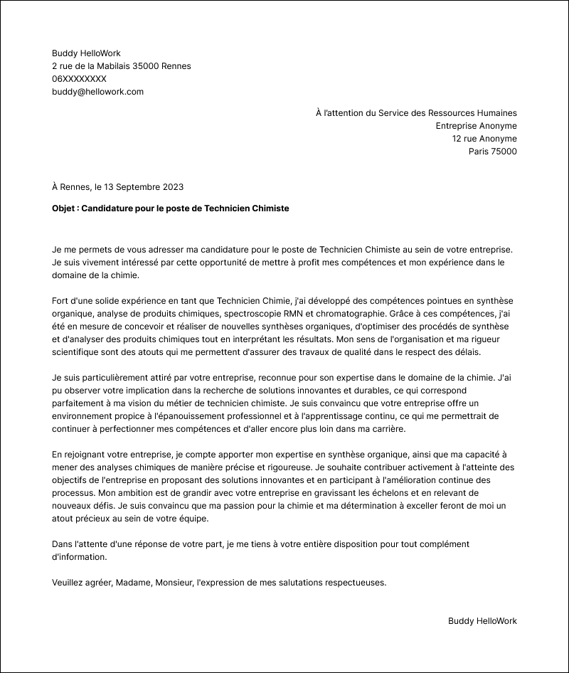 Modèle lettre de motivation Technicien chimiste Exemple lettre de motivation Technicien chimiste