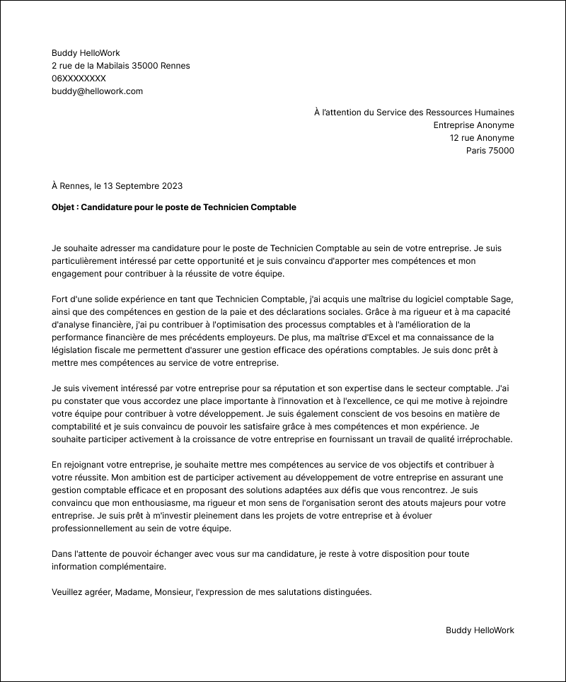 Modèle lettre de motivation Technicien comptable Exemple lettre de motivation Technicien comptable