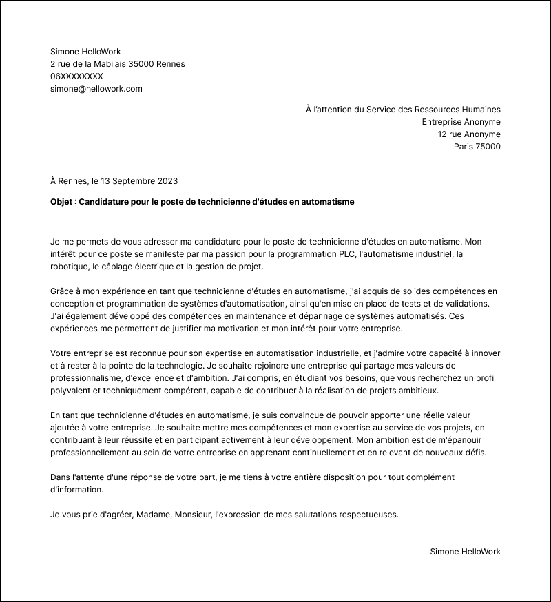 Modèle lettre de motivation Technicien automatisme Exemple lettre de motivation Technicien automatisme