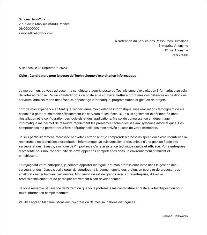 Modèle lettre de motivation Technicien d'exploitation informatique Exemple lettre de motivation Technicien d'exploitation informatique