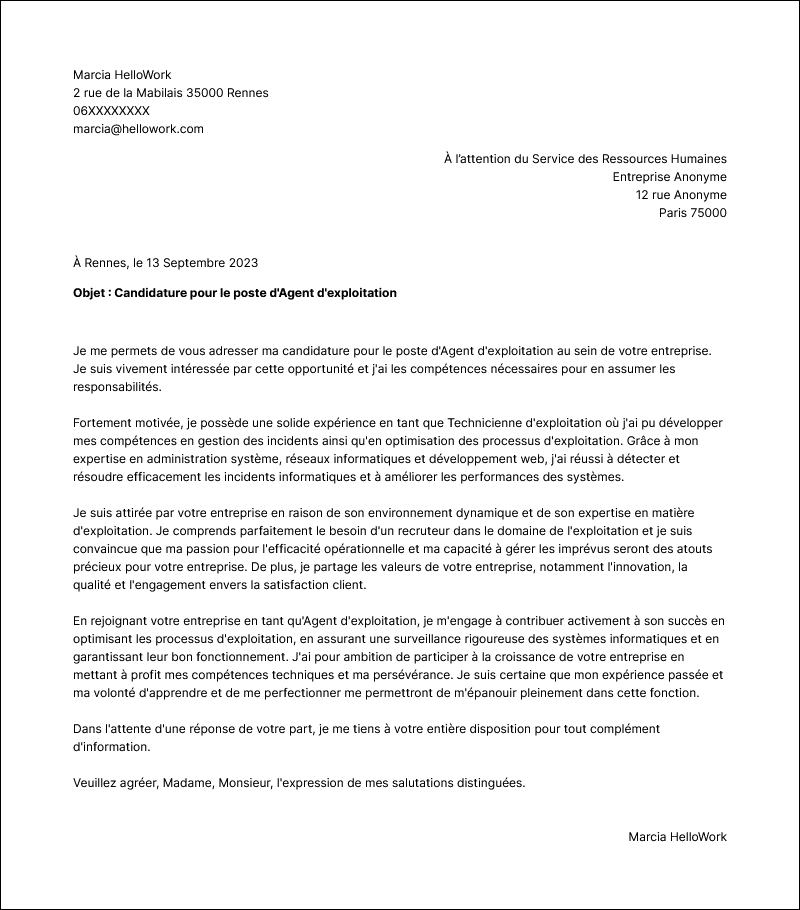 Modèle lettre de motivation Technicien d'exploitation Exemple lettre de motivation Technicien d'exploitation