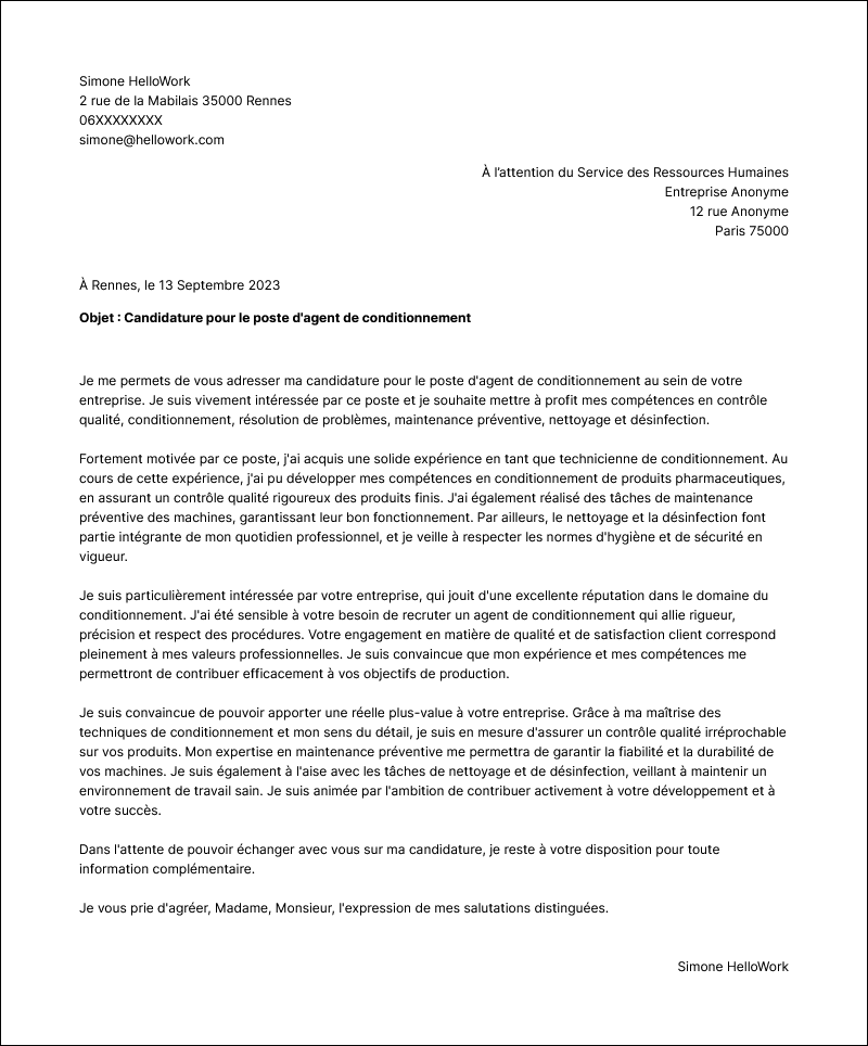 Modèle lettre de motivation Technicien de conditionnement Exemple lettre de motivation Technicien de conditionnement