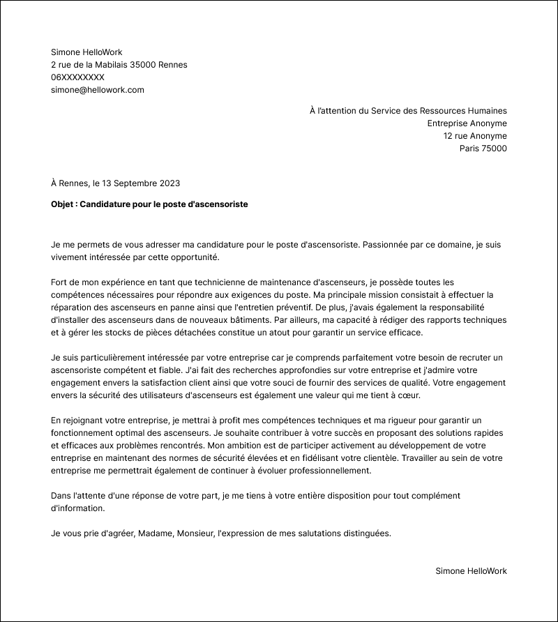 Exemple lettre de motivation Ascensoriste