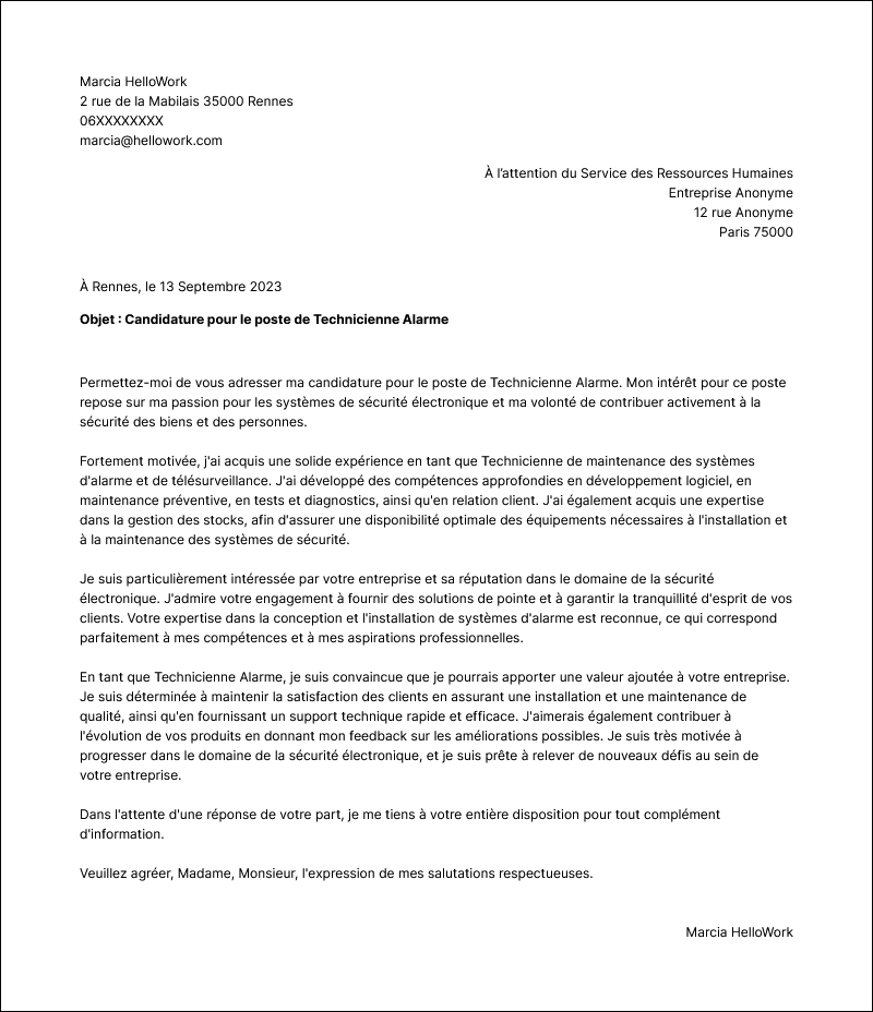 Exemple lettre de motivation Technicien alarme
