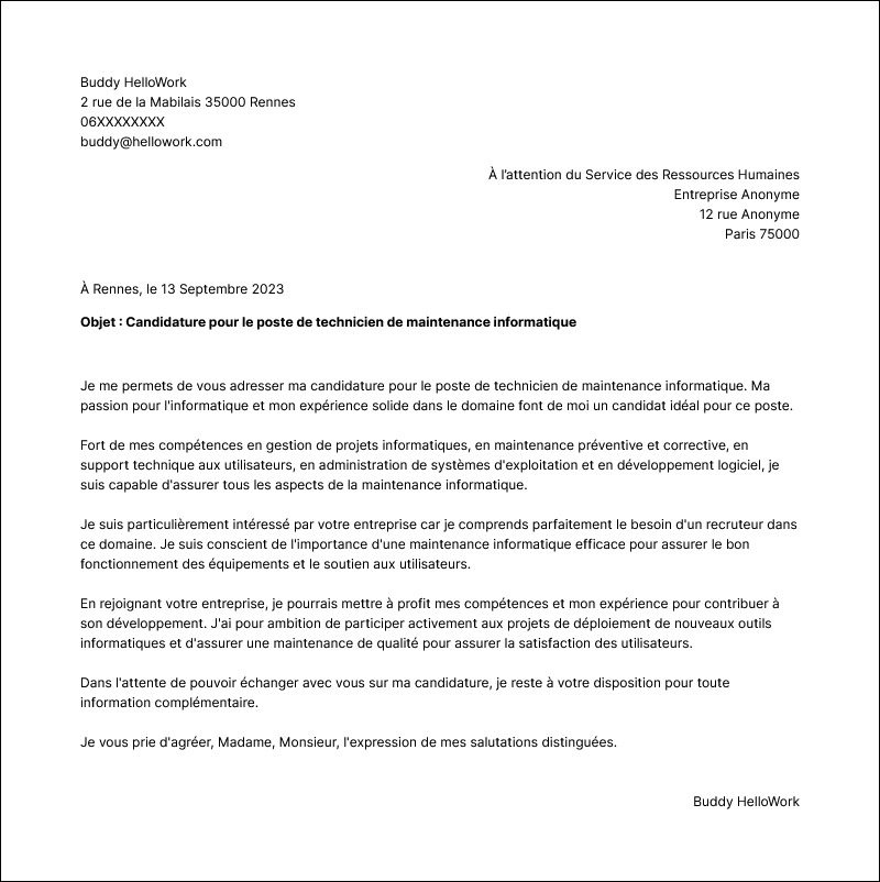 Modèle lettre de motivation Technicien de maintenance en informatique Exemple lettre de motivation Technicien de maintenance en informatique