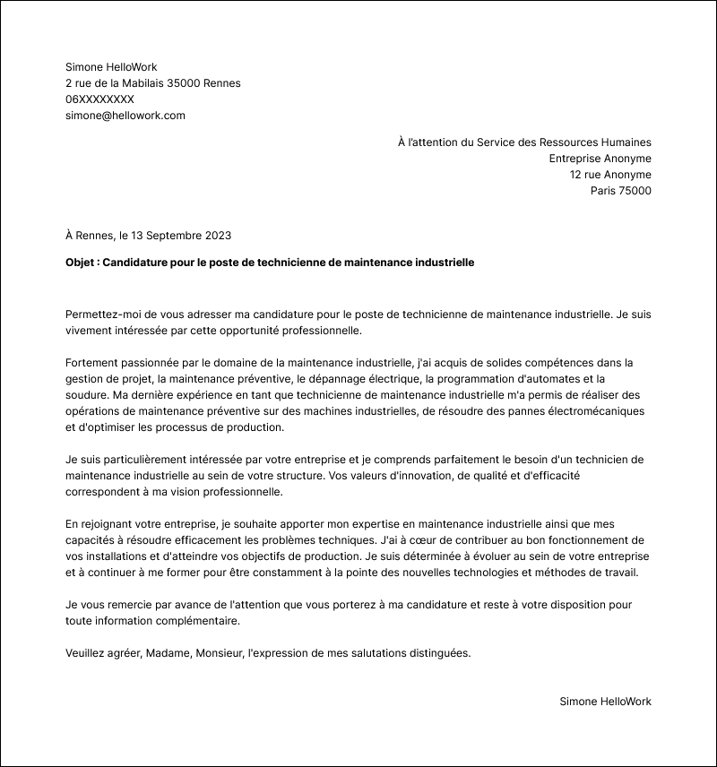 Modèle lettre de motivation Technicien de maintenance industrielle Exemple lettre de motivation Technicien de maintenance industrielle
