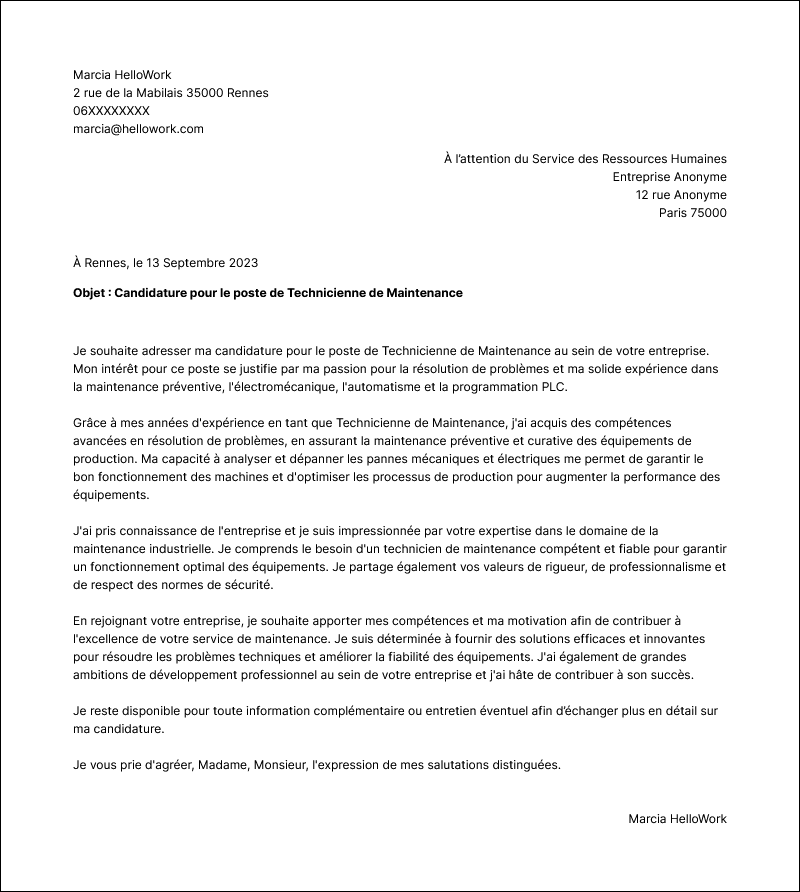 Modèle lettre de motivation Technicien de maintenance Exemple lettre de motivation Technicien de maintenance
