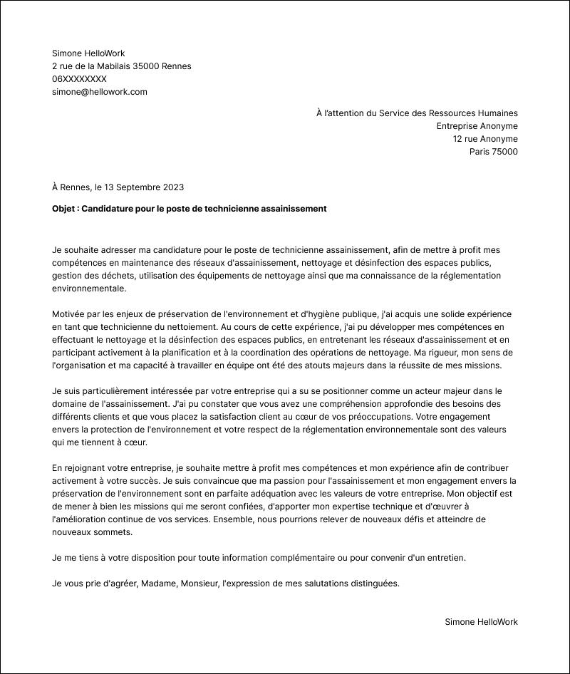 Modèle lettre de motivation Technicien assainissement Exemple lettre de motivation Technicien assainissement