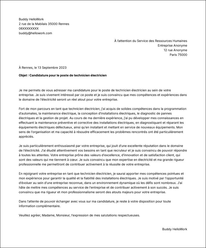 Modèle lettre de motivation Technicien électricien Exemple lettre de motivation Technicien électricien