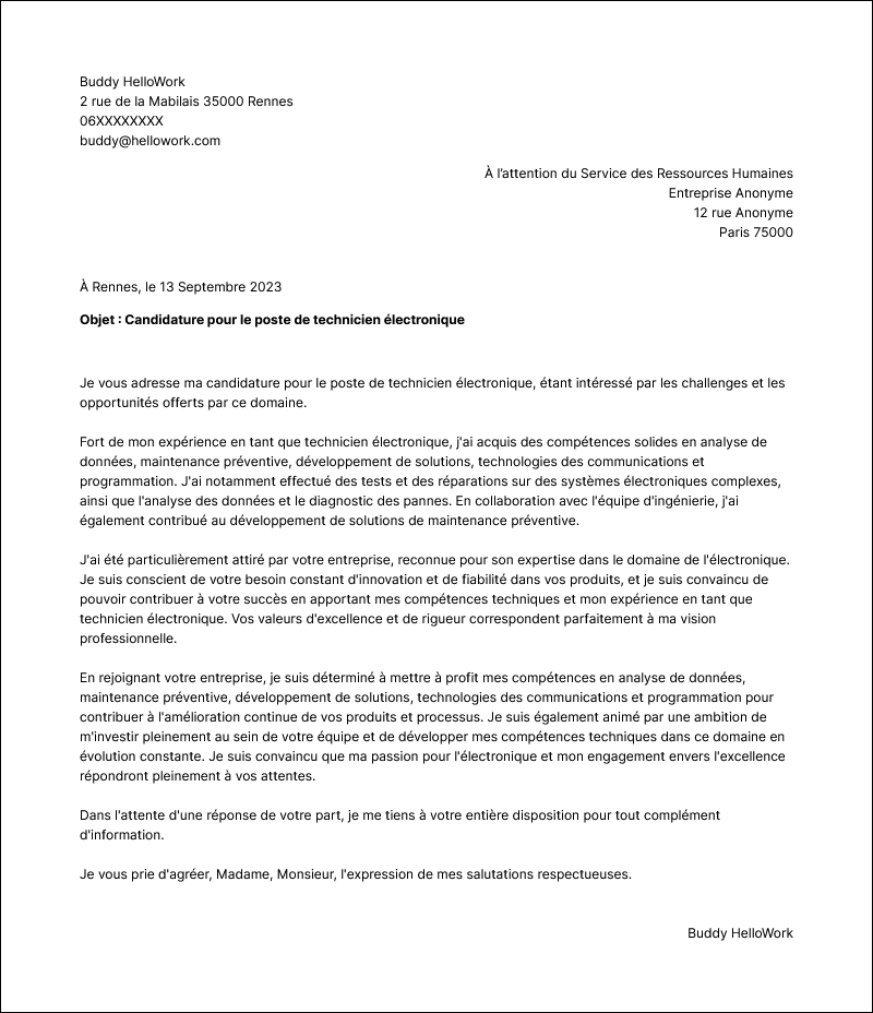 Modèle lettre de motivation Technicien électronique Exemple lettre de motivation Technicien électronique