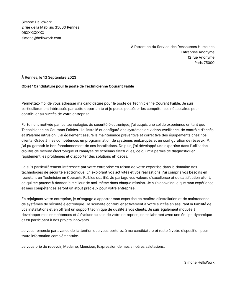 Modèle lettre de motivation Technicien courant faible Exemple lettre de motivation Technicien courant faible