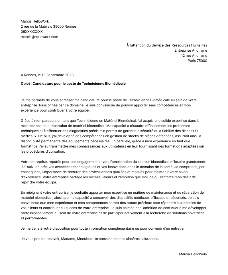 Modèle lettre de motivation Technicien biomédical Exemple lettre de motivation Technicien biomédical
