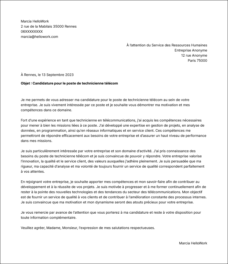 Modèle lettre de motivation Technicien en télécom Exemple lettre de motivation Technicien en télécom