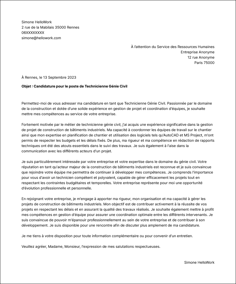 Modèle lettre de motivation Technicien génie civil Exemple lettre de motivation Technicien génie civil