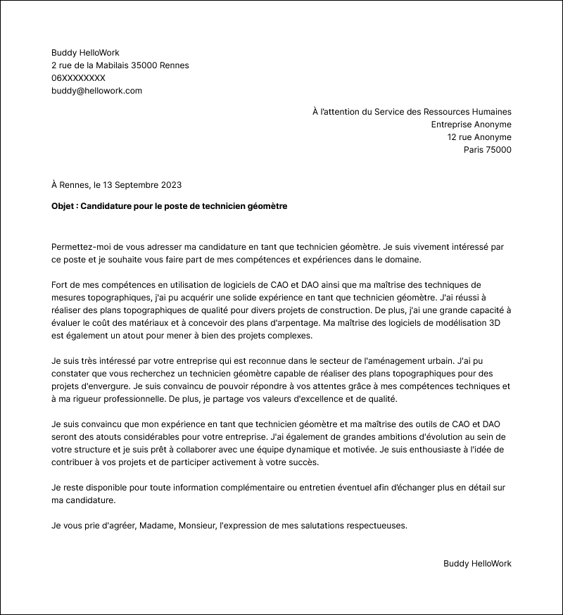 Modèle lettre de motivation Technicien géomètre Exemple lettre de motivation Technicien géomètre