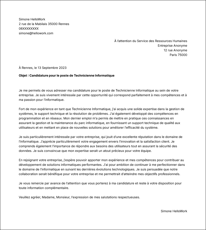 Modèle lettre de motivation Technicien informatique Exemple lettre de motivation Technicien informatique