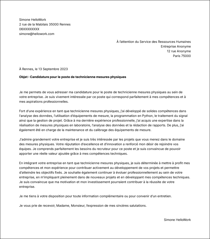 Modèle lettre de motivation Technicien mesures physiques Exemple lettre de motivation Technicien mesures physiques