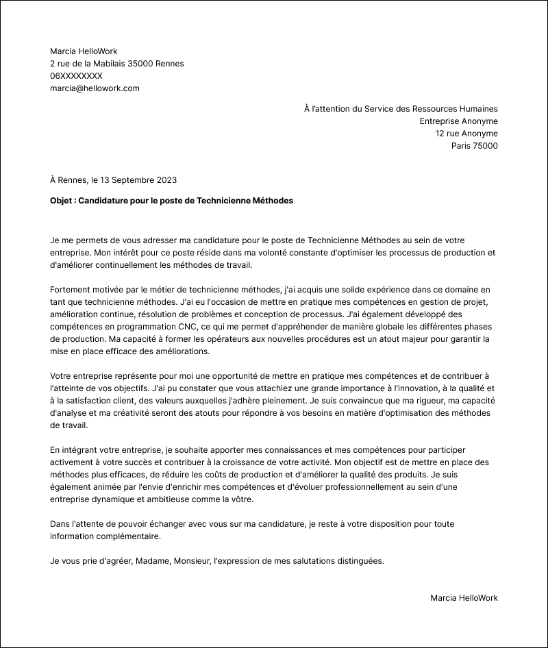 Modèle lettre de motivation Technicien méthodes Exemple lettre de motivation Technicien méthodes