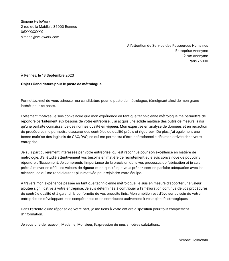 Modèle lettre de motivation Technicien métrologue Exemple lettre de motivation Technicien métrologue