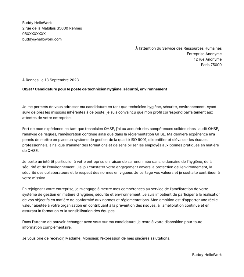 Modèle lettre de motivation Technicien QHSE Exemple lettre de motivation Technicien QHSE