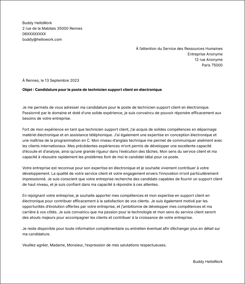 Modèle lettre de motivation Technicien support client en électronique Exemple lettre de motivation Technicien support client en électronique