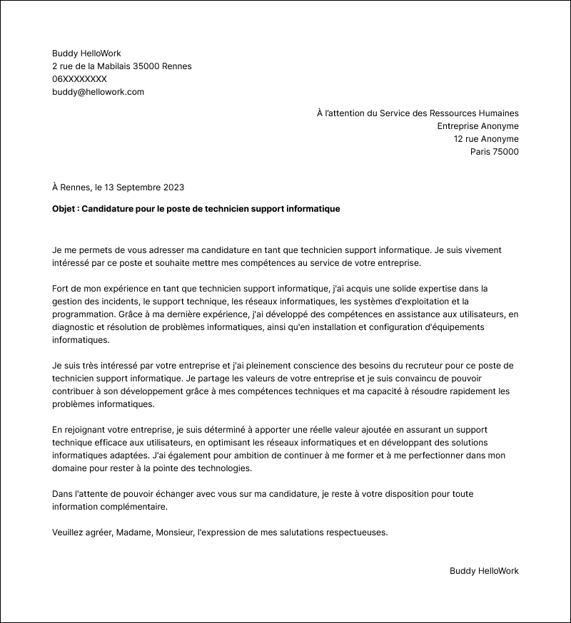 Modèle lettre de motivation Technicien support informatique Exemple lettre de motivation Technicien support informatique